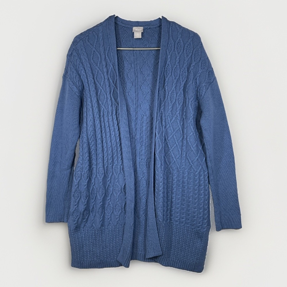 Chicos Women's Size 2 Large Wool Cashmere Open Front Cable Knit Long Cardigan